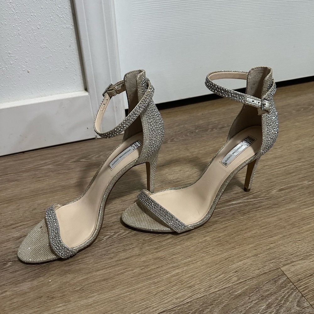 INC Silver Rhinestone Ankle Strap Stiletto Heels Sandals Size 8